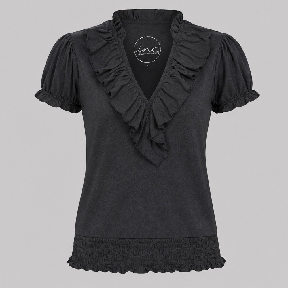 INC International Concepts Petite Black Ruffle Neck Smocked Hem Top P NEW